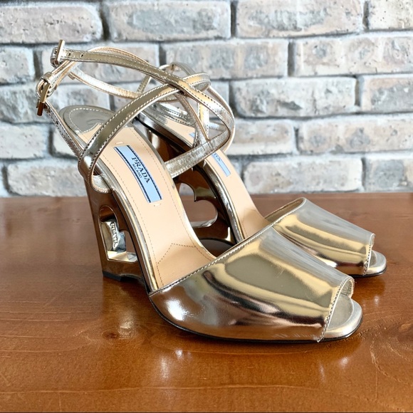 Prada | Shoes | Prada Heart Cutout Wedge Sandal Silver 375 75 | Poshmark